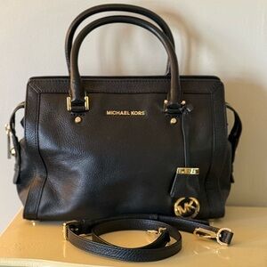Michael Kors Black Leather Satchel with Crossbody strap Gold Accents